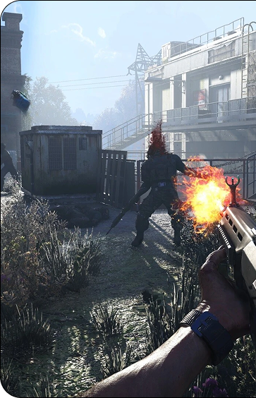 First-person shooter gameplay in a post-apocalyptic setting