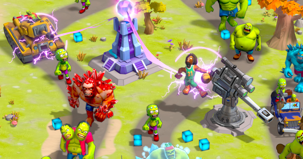 Mobile game scene with various characters fighting