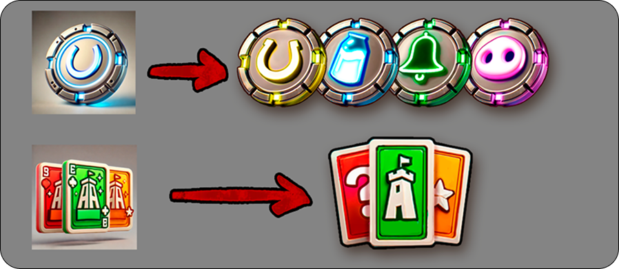 Transformation of game tokens and cards from simple to detailed versions
