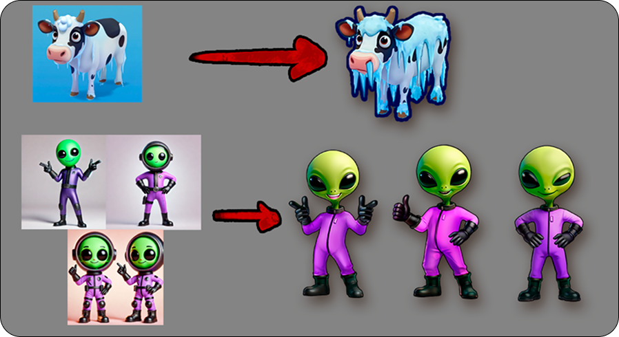 Transformation of cow and alien characters from concept art to final 3D models