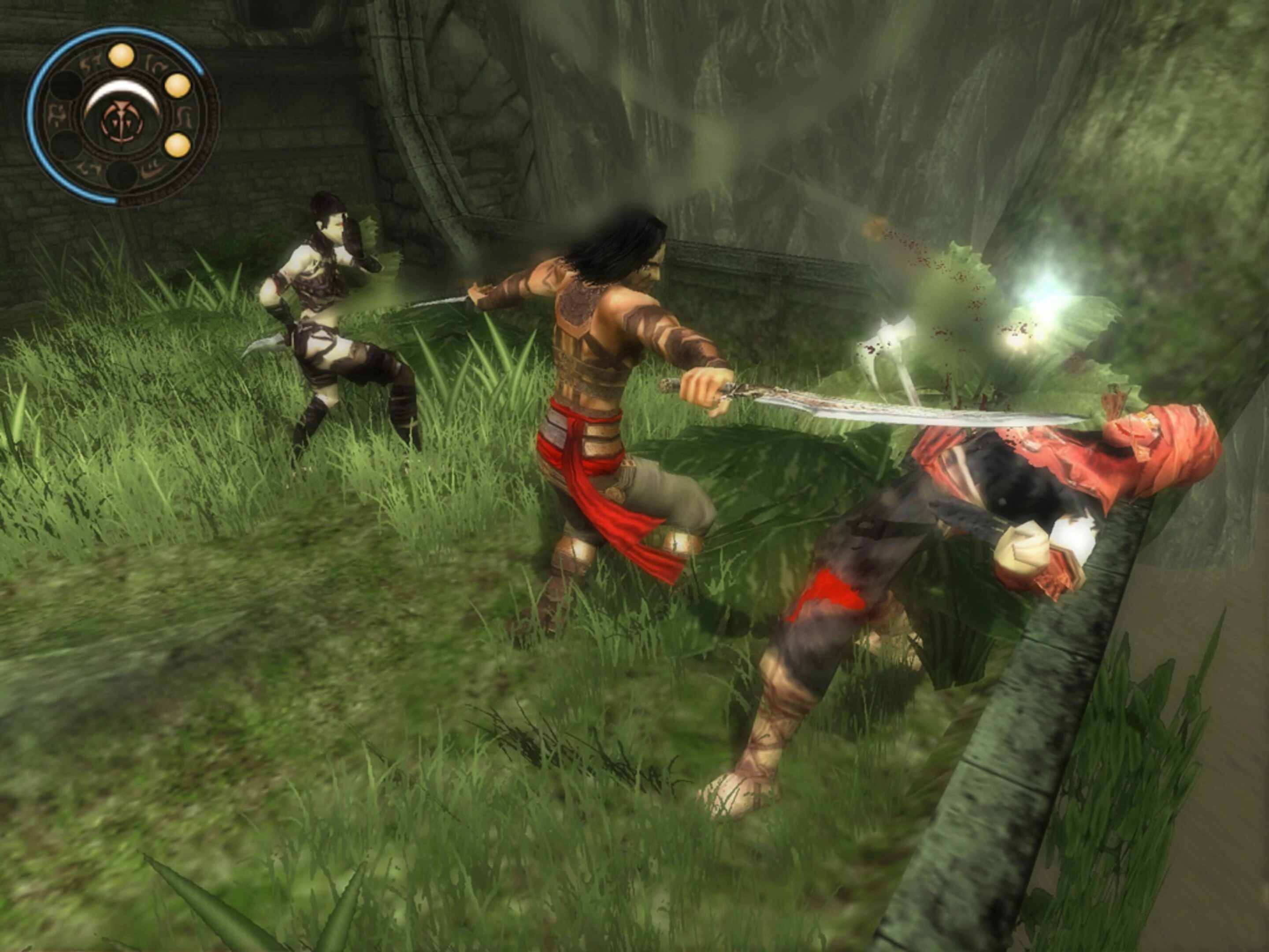 A warrior fighting another character in a grassy field