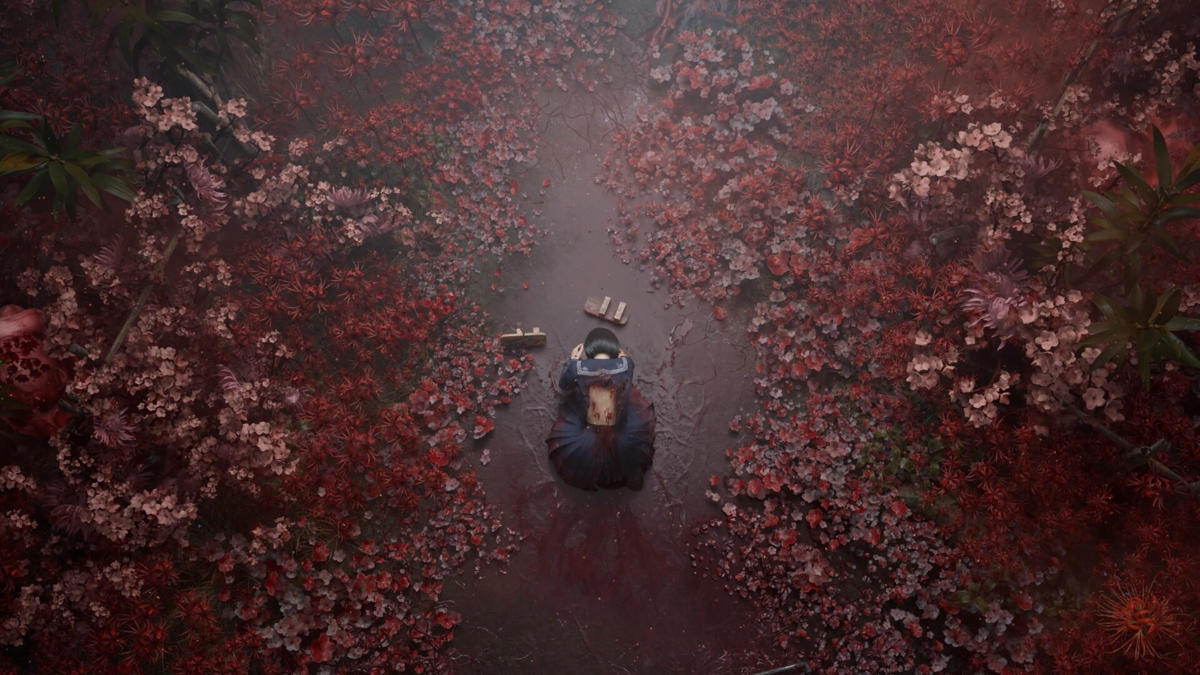 Top-down view of a character walking through a path with red-leafed trees