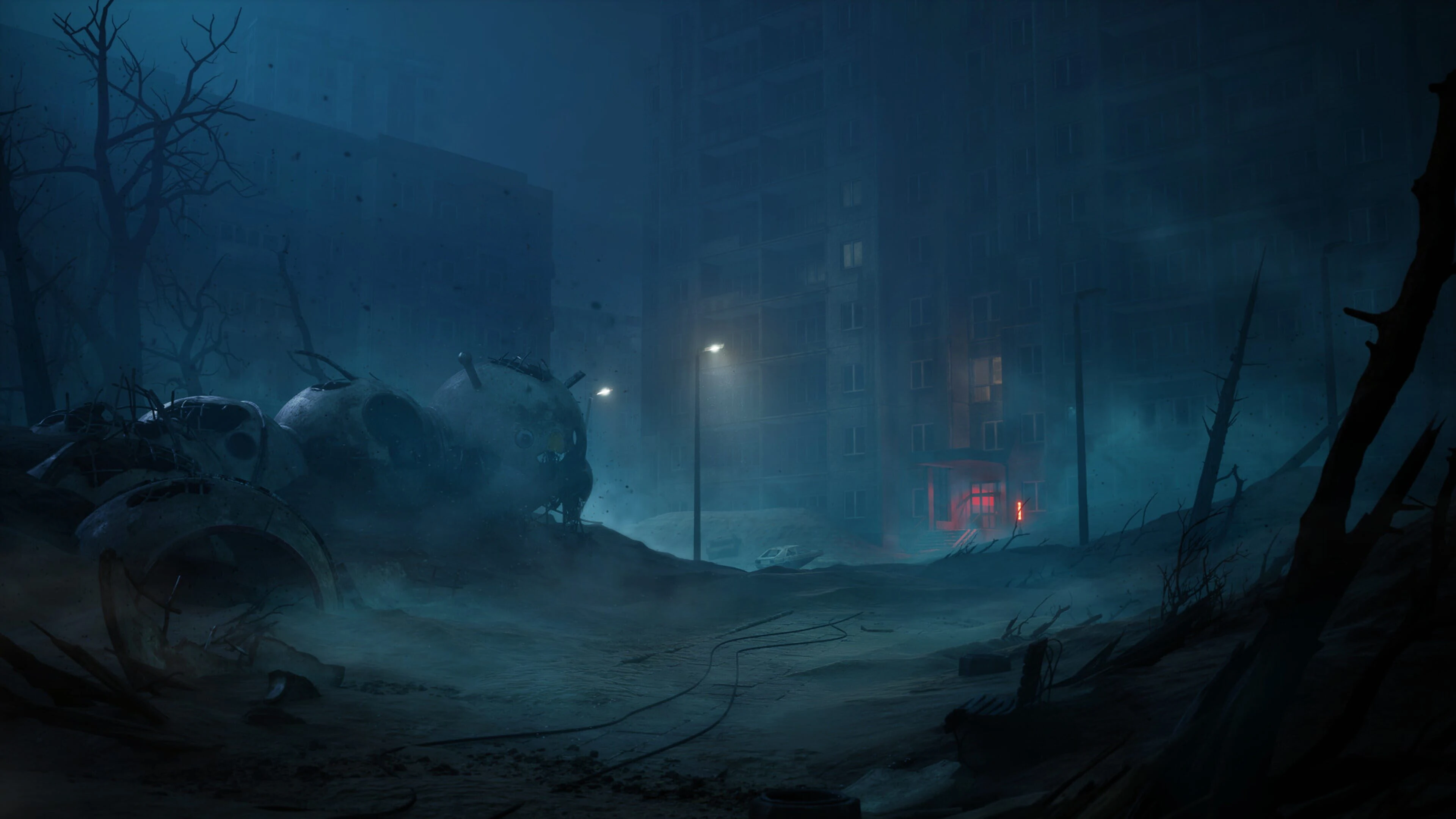 A dark, foggy street at night with a dim streetlight