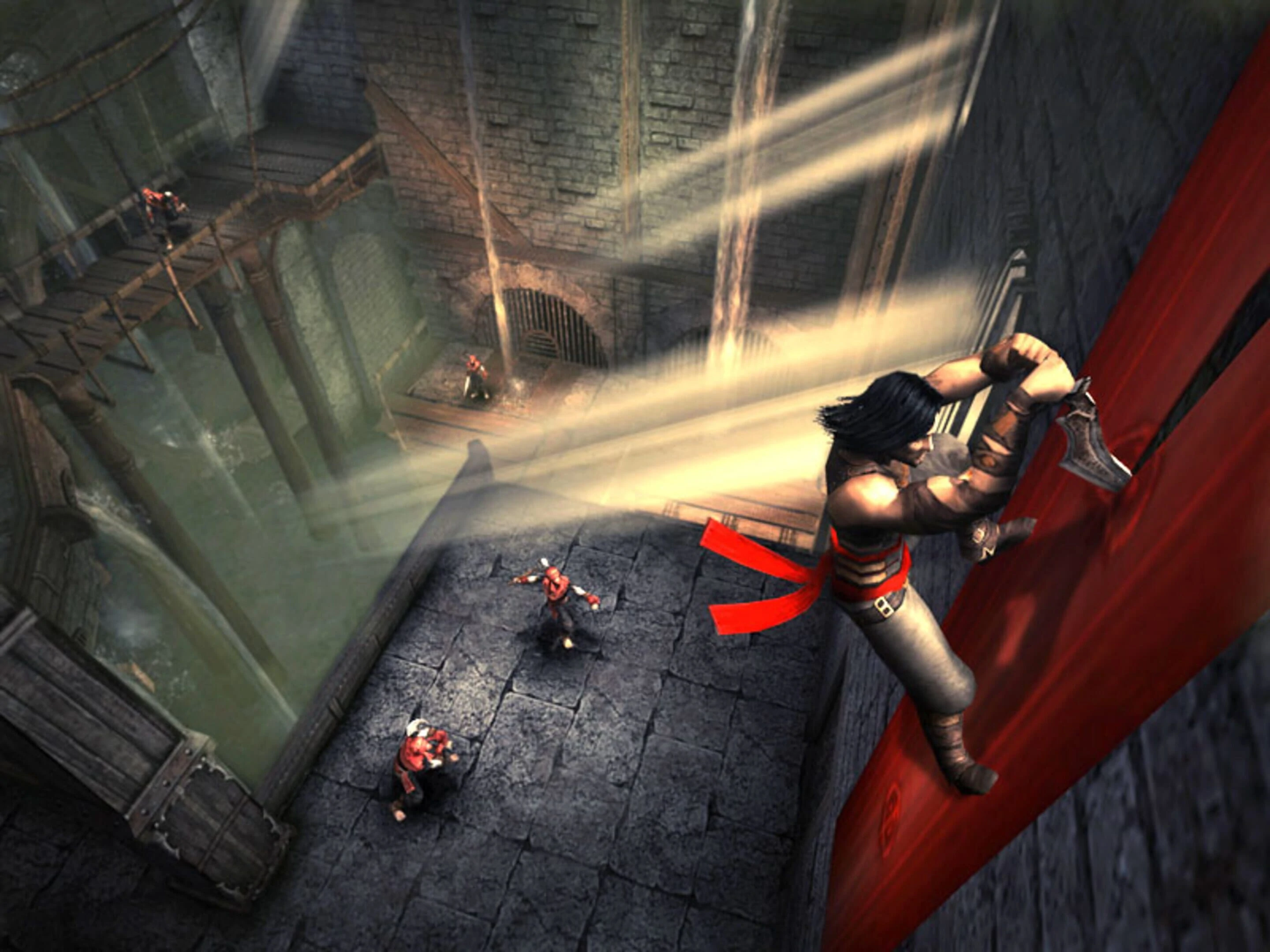 A character climbing a red sail on a structure