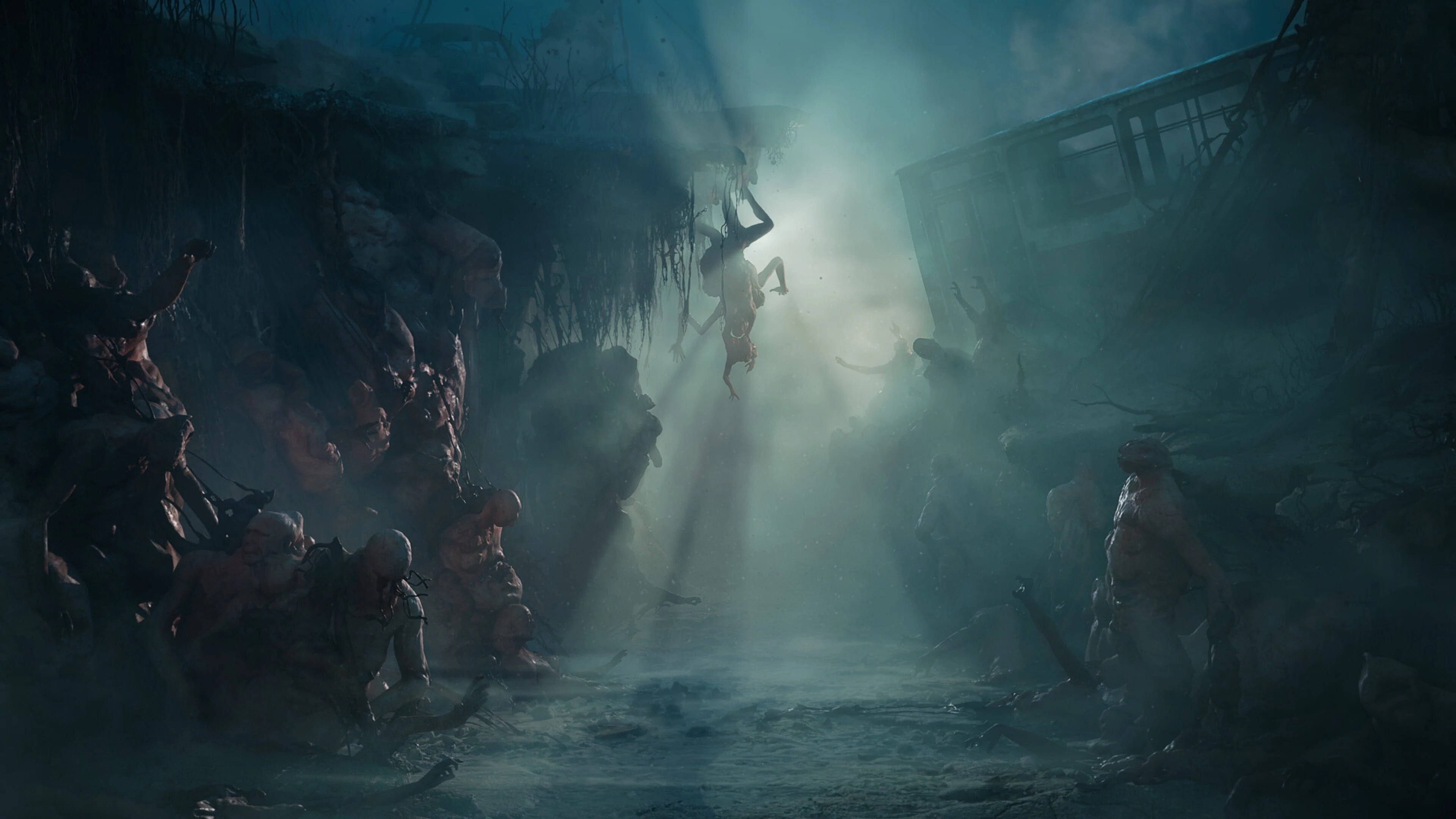 Characters in a dark cave illuminated by a beam of light