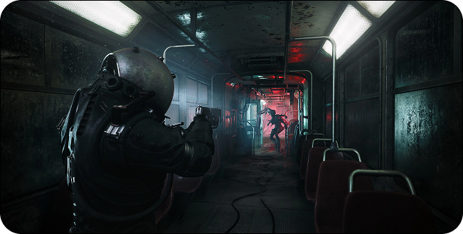 Soldier in a futuristic subway car