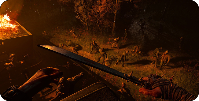 First-person view of a sword fight in a dark forest