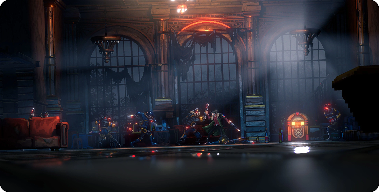 Wide shot of a video game scene in a grand hall