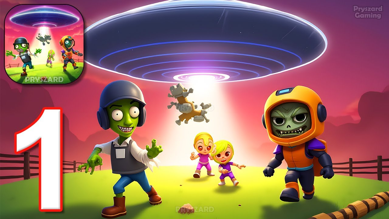 Cartoon zombies and children looking at a UFO beam