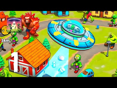 Mobile game farm scene with a UFO and various characters